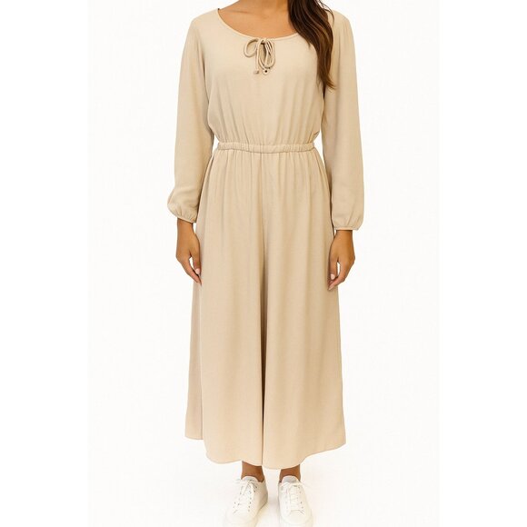 Vintage 70s Tan Maxi Dress Long Sleeve Drawstring Boho Prairie Peasant Retro L - Picture 1 of 9
